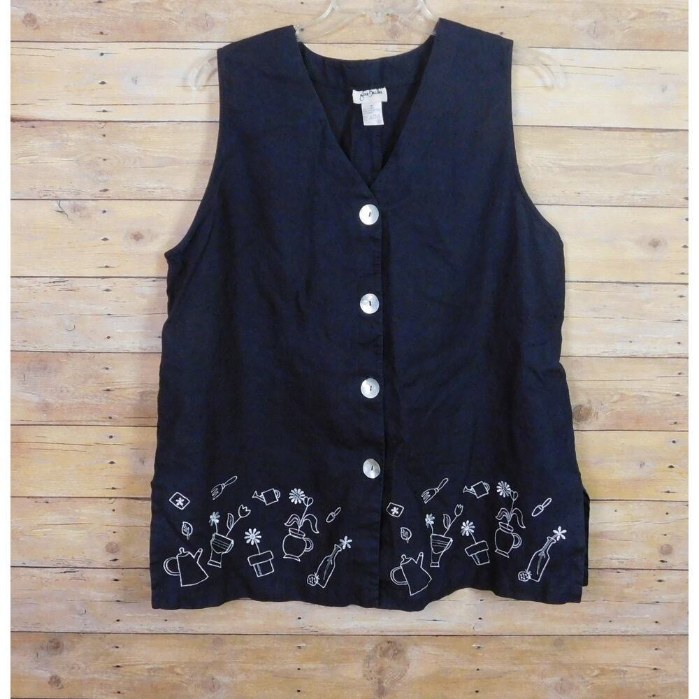 Vintage Fern Bratten Women Shirt 1X Black Sleeveless Embroidery Garden Pot Linen